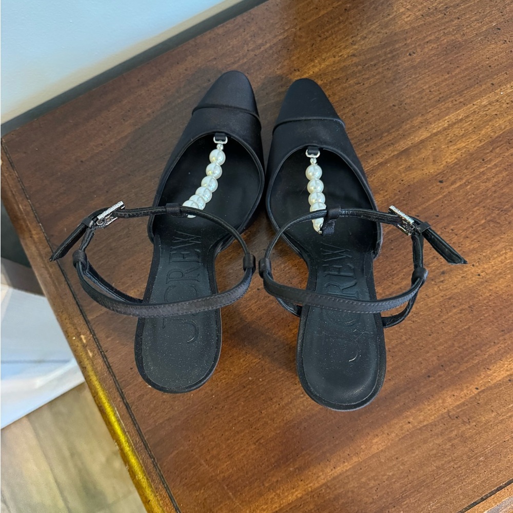 J. Crew Black Satin Pumps with Pearl T-Strap - Picture 5 of 8